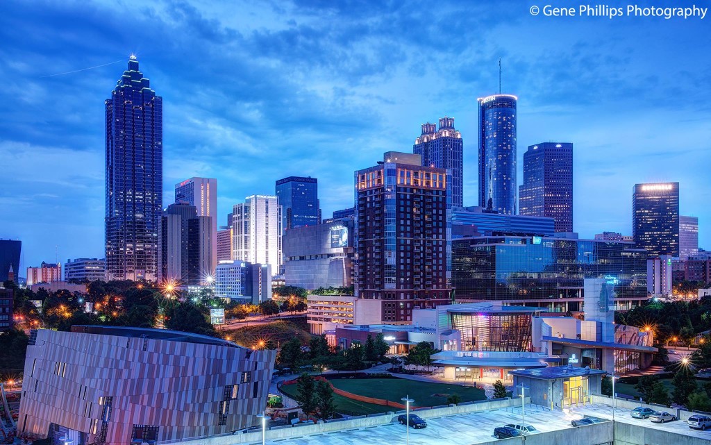 The National Center for Civil and Human Rights (bottom left corner) with the Atlanta Skyline  Courtesy of Gene Phillips Photography