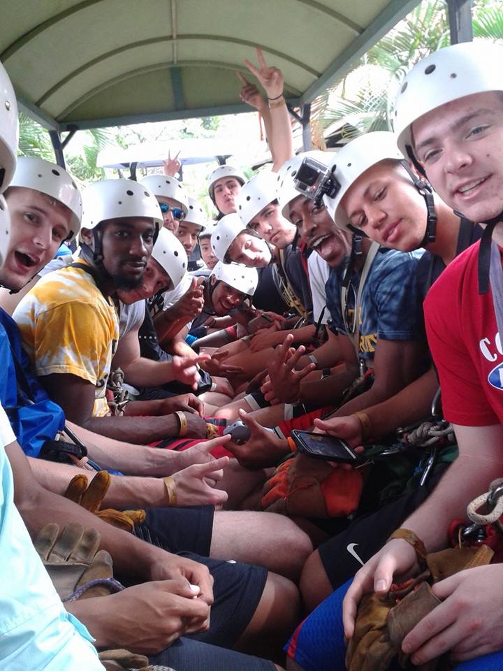 The Oglethorpe men's basketball team embarking on teambuilding zipline adventure in Costa Rica.