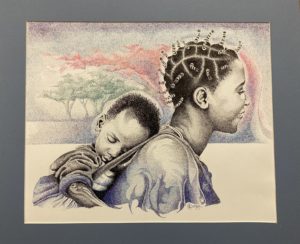 An ink painting of a mother and child