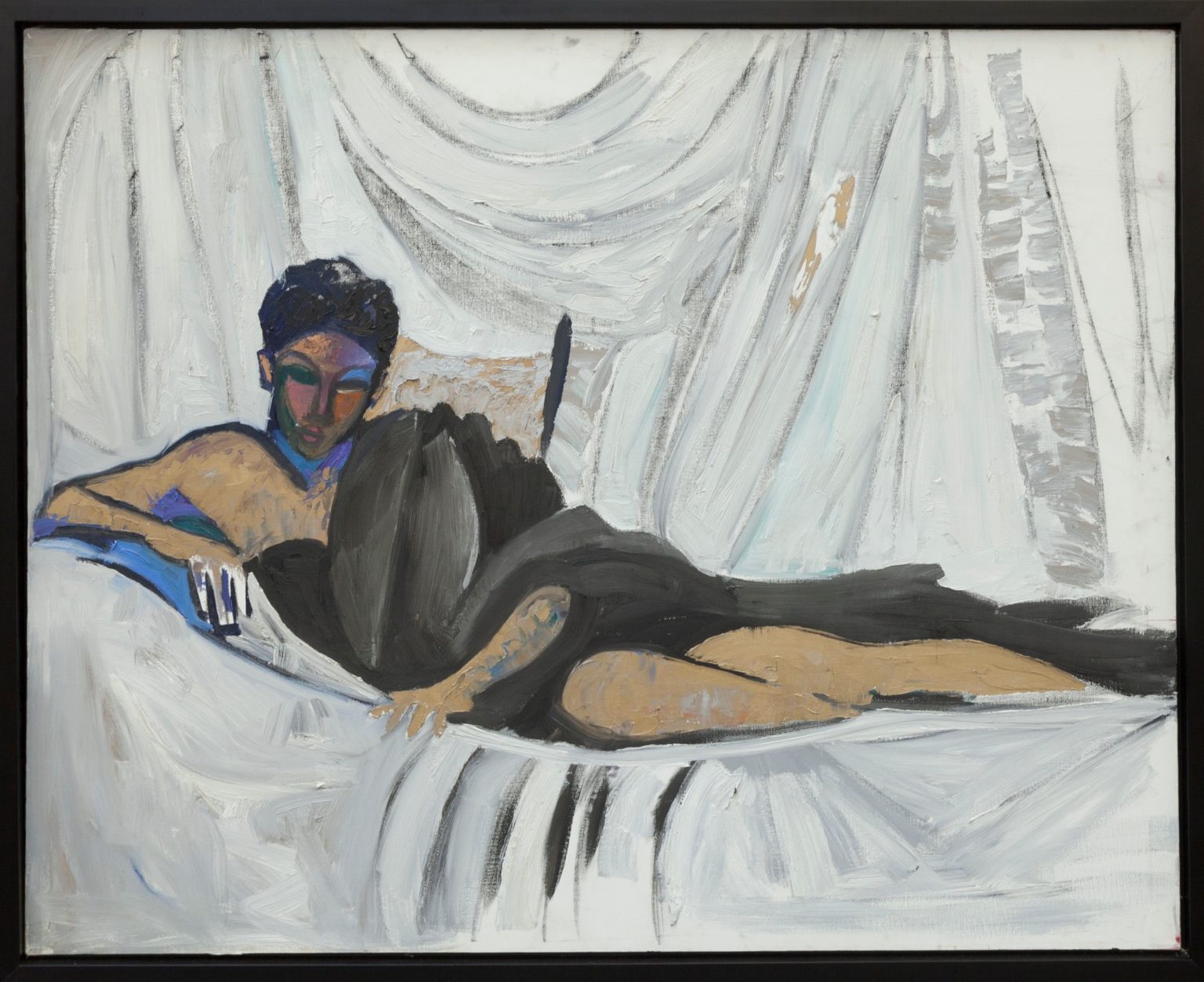 "Eve" by William Tolliver -- a painting of a woman reclined in white sheets
