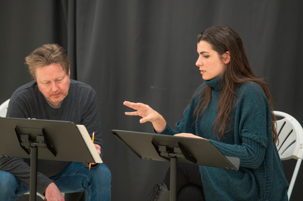 Oglethorpe student Barbara Kincaid works alongside one of the theatre professionals helping her to stage her 10-minute play.