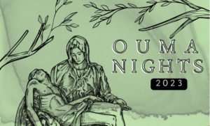 Graphic for OUMA (Oglethorpe Museum of Art) Nights 2023, featuring image of Michelango's Pieta Statue