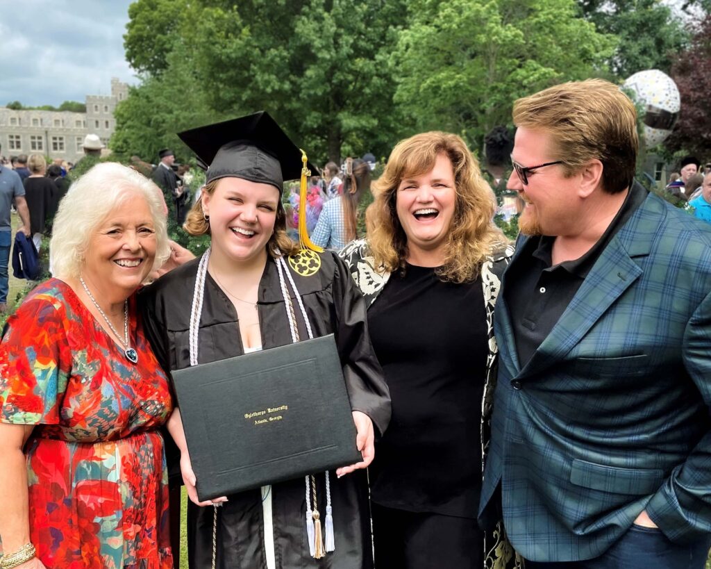 Three generations of OU alumni on the quad after the 2023 commencement: Marcia Cunningham and Marie, Laura and Duane Stanford