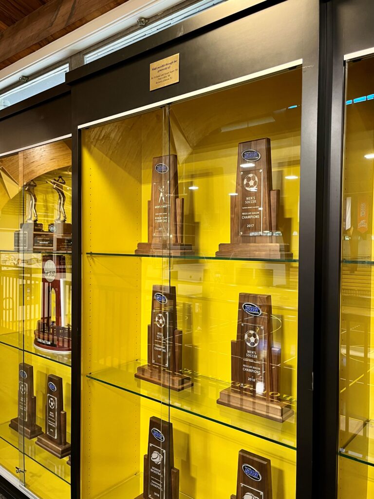 With the new cases, there is now ample room to display Oglethorpe's athletics championship trophies.