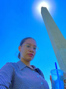 Camille Teague in front of the Washington Monument