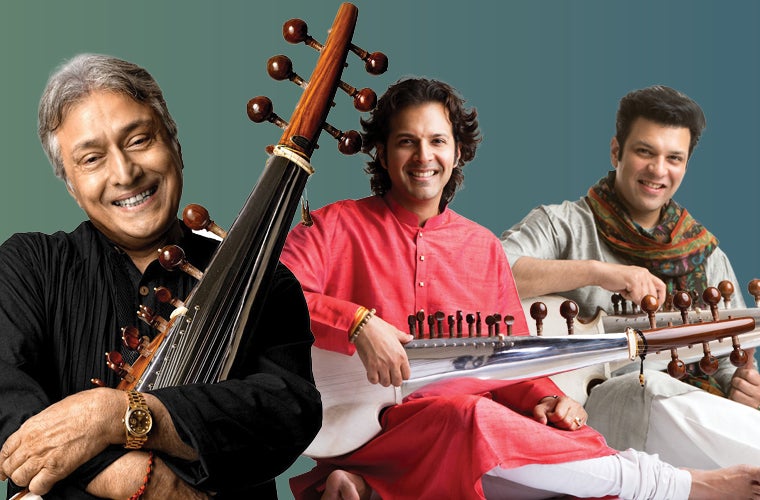 "Folk Tales, Ragas and Lost Love" promotional image that includes Indian sarod player Amjad Ali Khan and his family of sarod players
