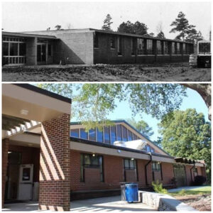 Before and after pictures of Lynwood Park. The "before" is a black and white image of Lynwood School in 1955 and the "after" shows the school today, now the Lynwood Community Center.