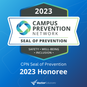 Blue background square graphic of 2023 Campus Prevention Network Seal of Prevention