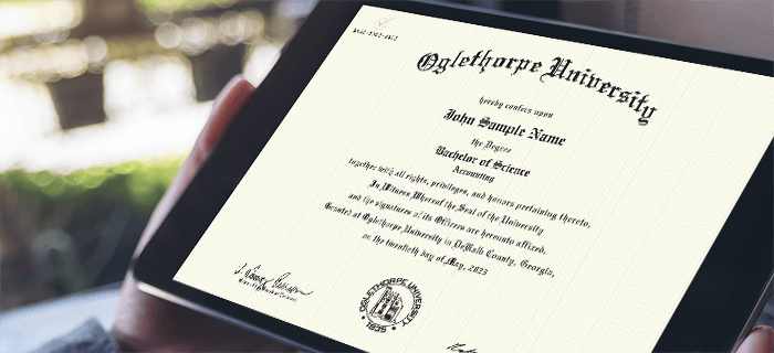 Sample of an Oglethorpe University digital diploma shown on an iPad.