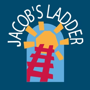 Jacob's Ladder logo-- a navy blue background with a drawing of a red ladder pointed up to the sun.