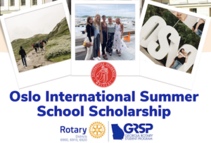 Logo for the "Oslo International Summer School Scholarship" that includes images of students in Oslo, the logo for the University of Oslo, Rotary, and the Georgia Rotary Student Program.