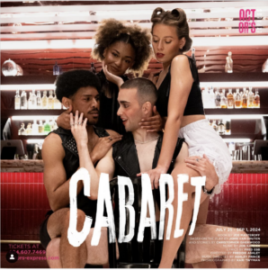 Two men and two women in a bar with the word "Cabaret" in the foreground